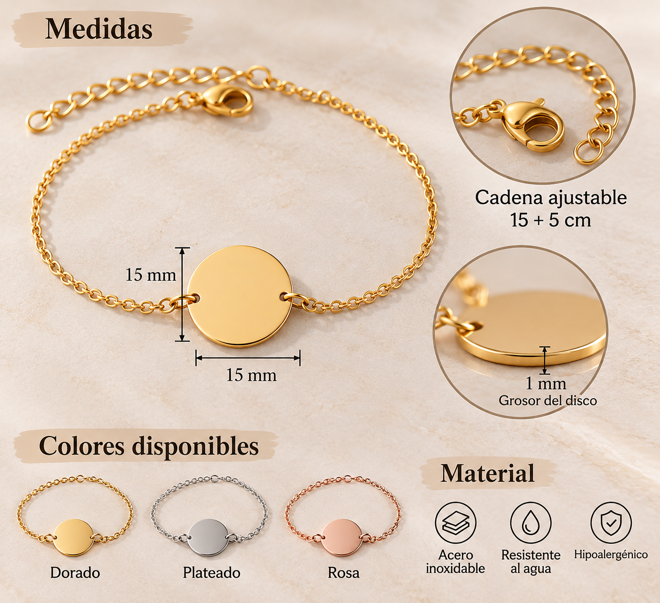 Pulsera Medalla Personalizada con Nombre, Iniciales o Fecha - Imagen 3
